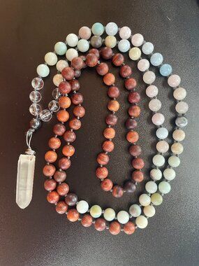 108 Mala Bead Necklace Quartz Crystal Pendant Wood Gemstone Yoga Boho